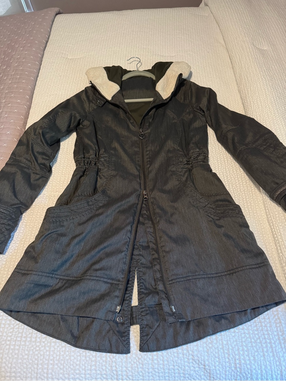 lululemon athletica green Hooded Trench Coat with Cream Sherpa Trim